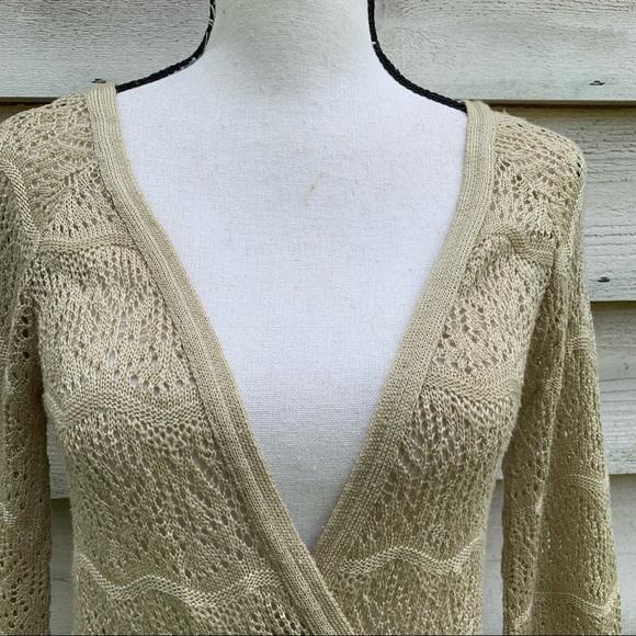 Vintage 90s Oatmeal Beige Crochet Cable Knit Long Sleeve V-Neck Pullover Sweater - Picture 6 of 16